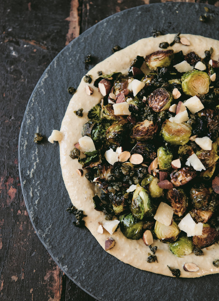 Crispy Brussels Sprouts with Tahini Caesar