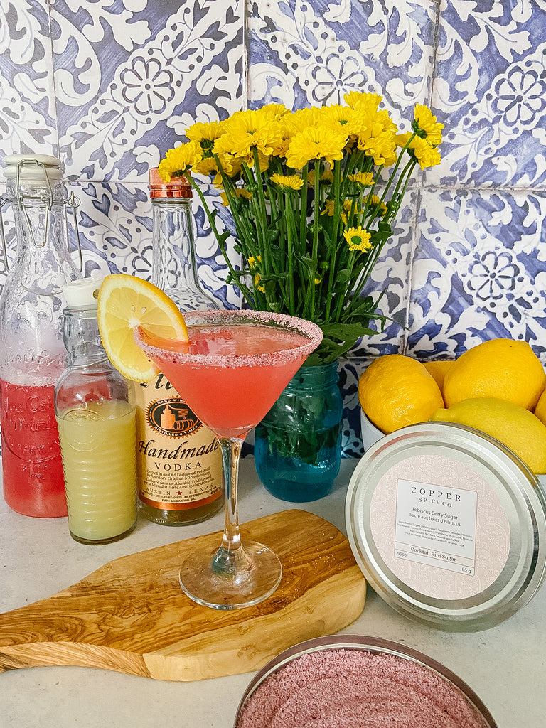 Rhubarb Martini with Hibiscus Berry Rim Sugar