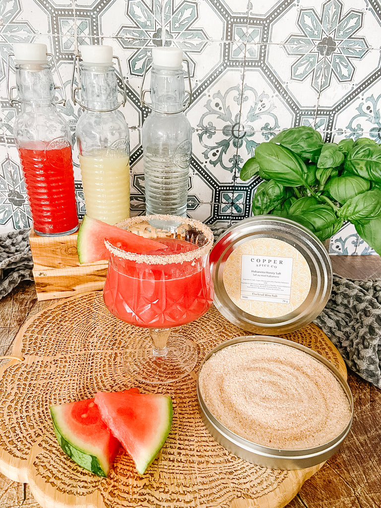 Watermelon Basil Gin Cocktail with Habanero Honey Rim Salt