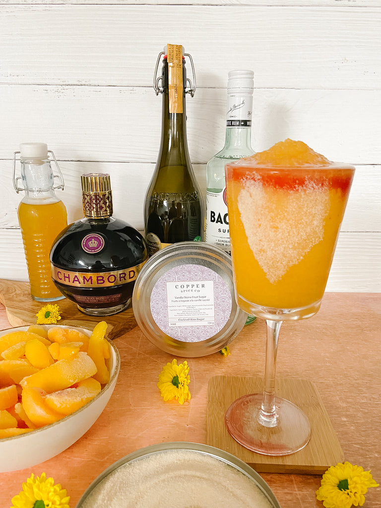 Frozen Peach Bellini with Vanilla Stone Fruit Rim Sugar