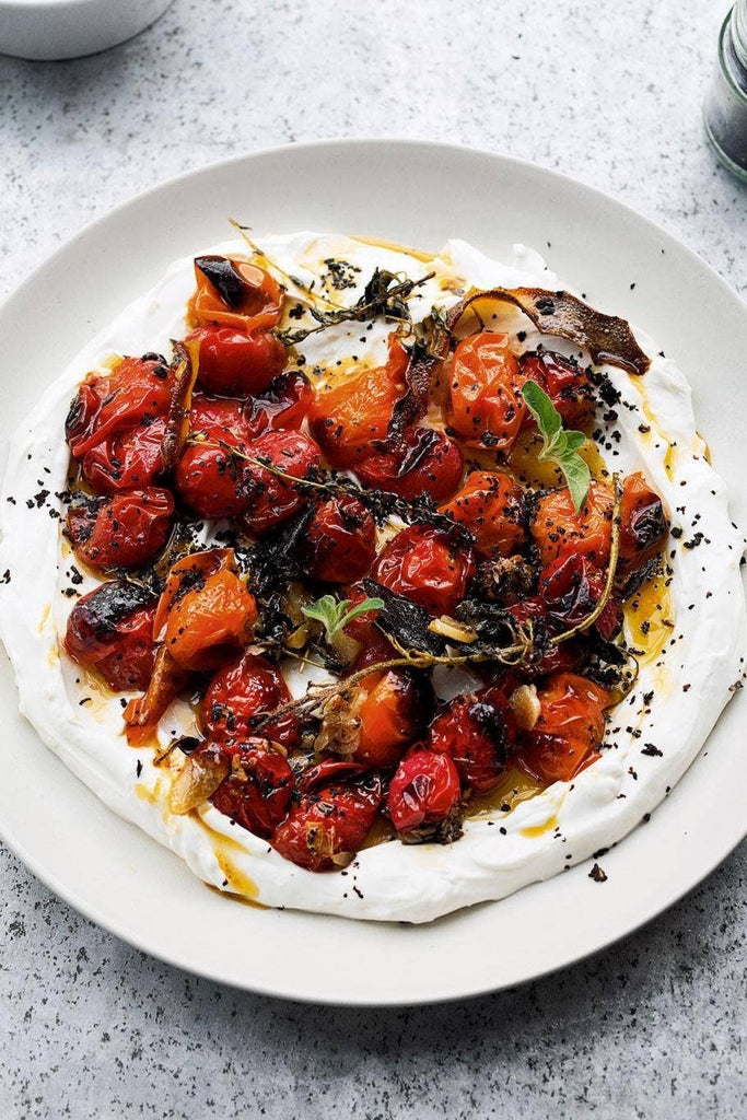 Hot, Charred Cherry Tomatoes with Cold Yogurt