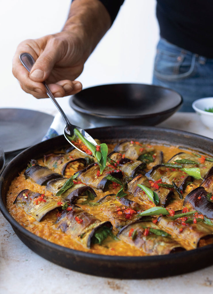 Stuffed Eggplant in Curry and Coconut Dal